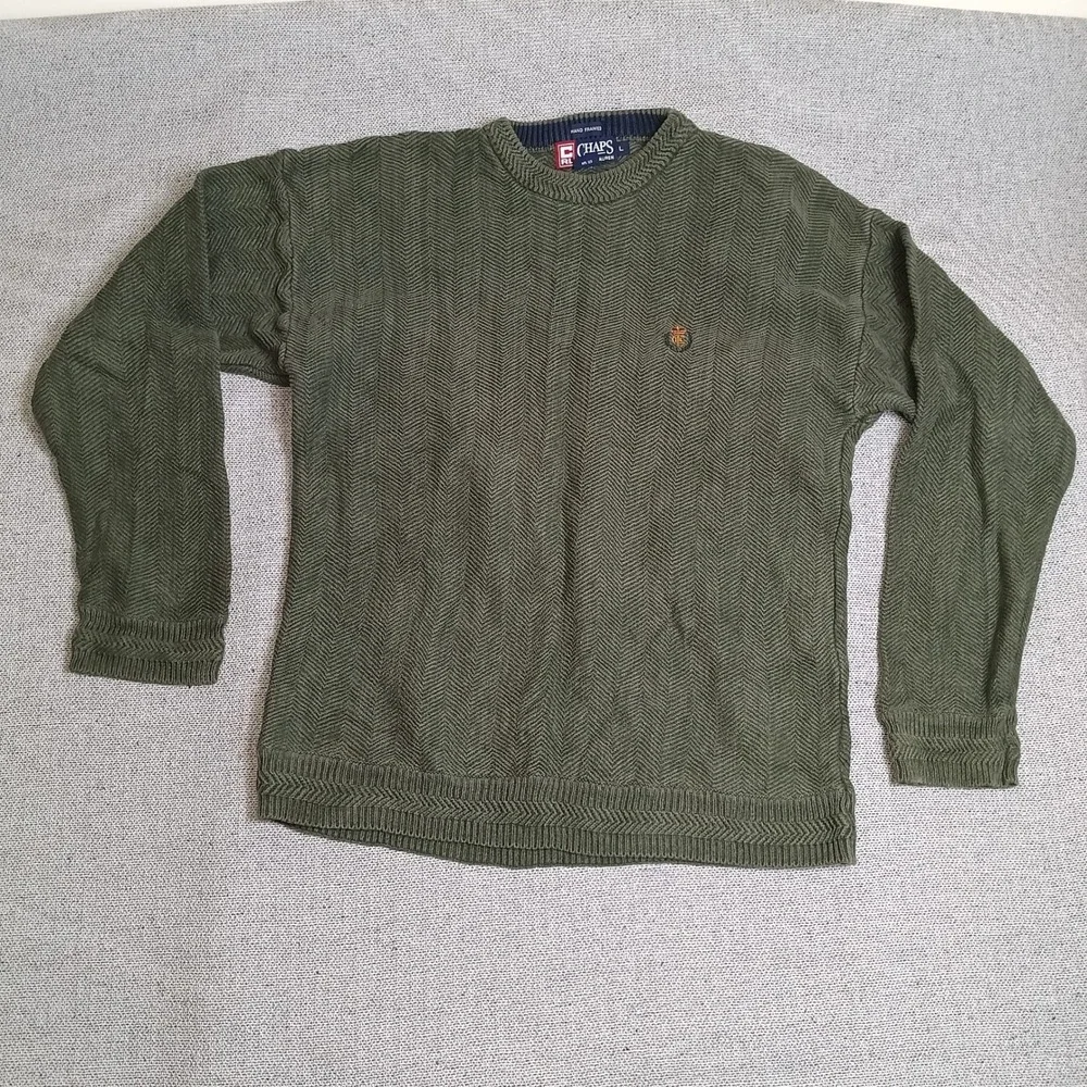 Chaps Ralph Lauren Sweater Mens L Green Excellent Herringbone Cotton Crewneck